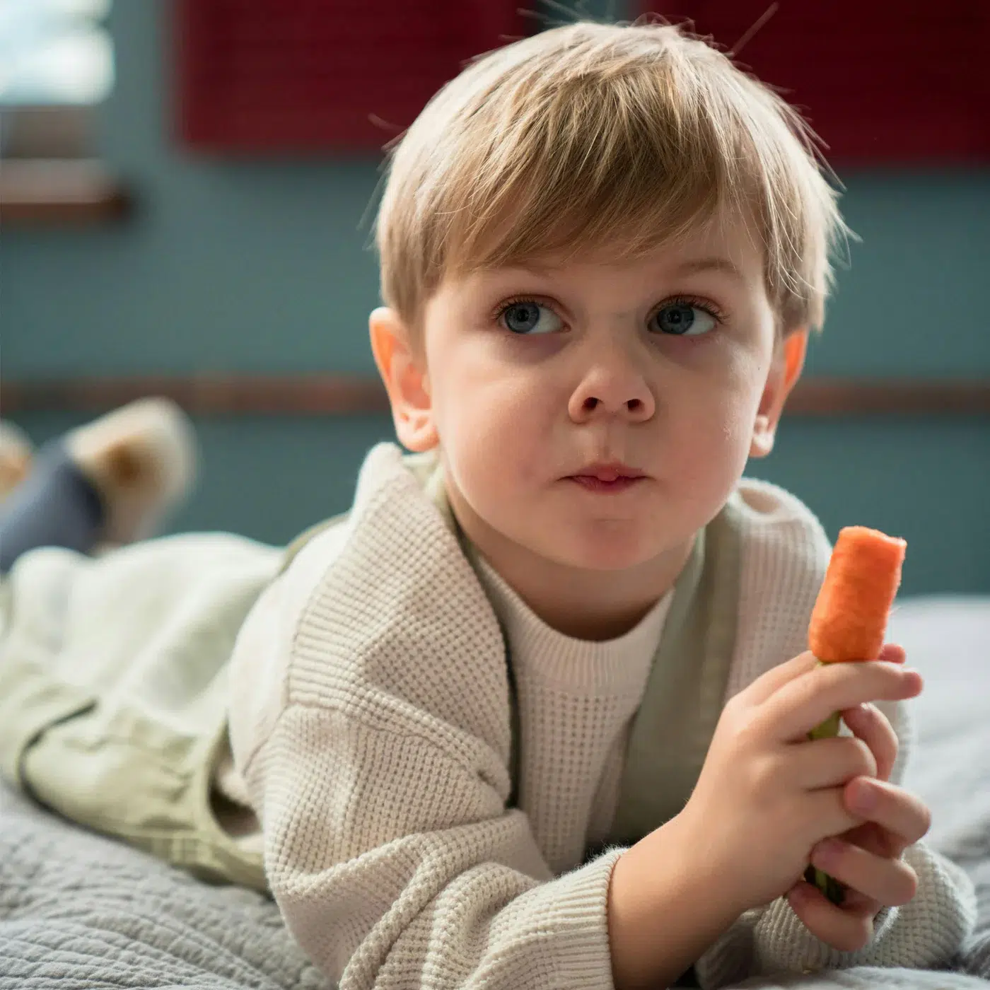 Kleinkind auf Bauch liegend im Wo hnzimmer